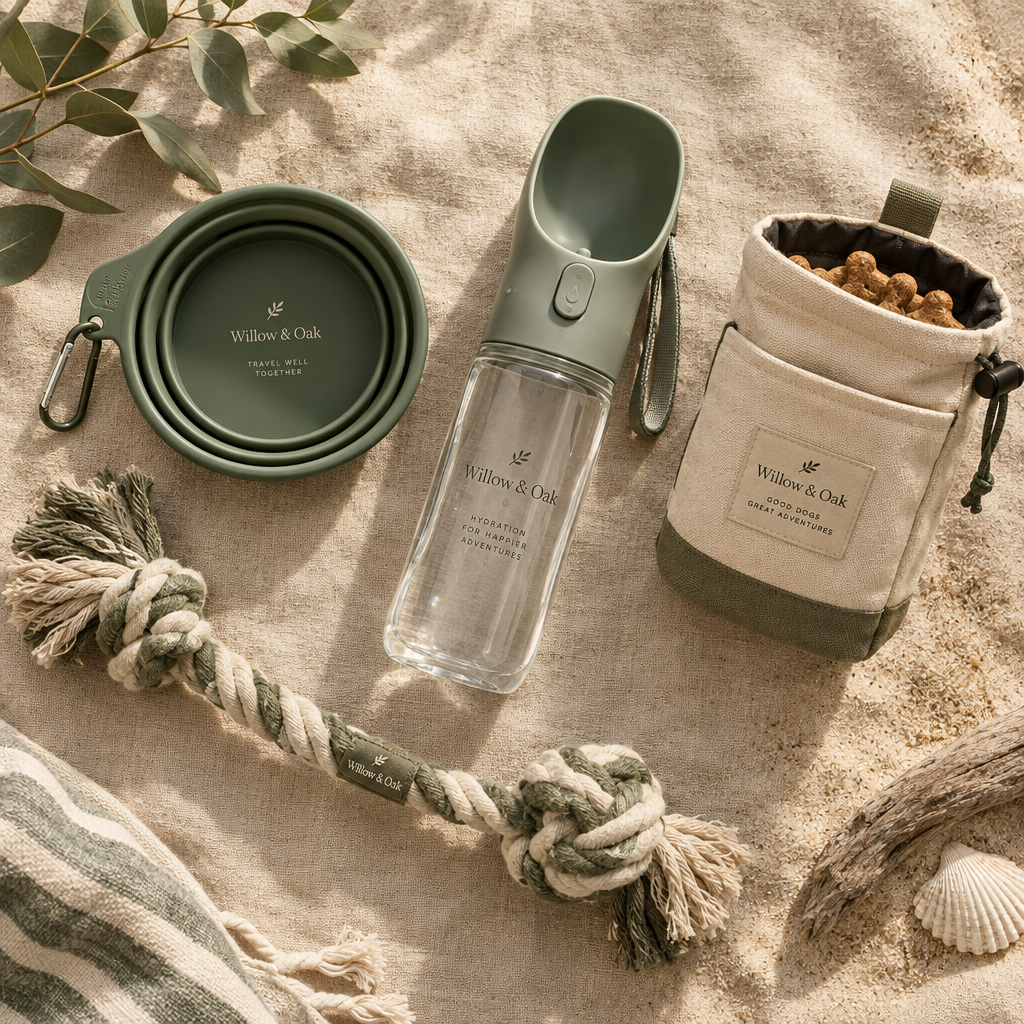 The Weekend Away Kit — dog travel essentials flat lay on sandy linen