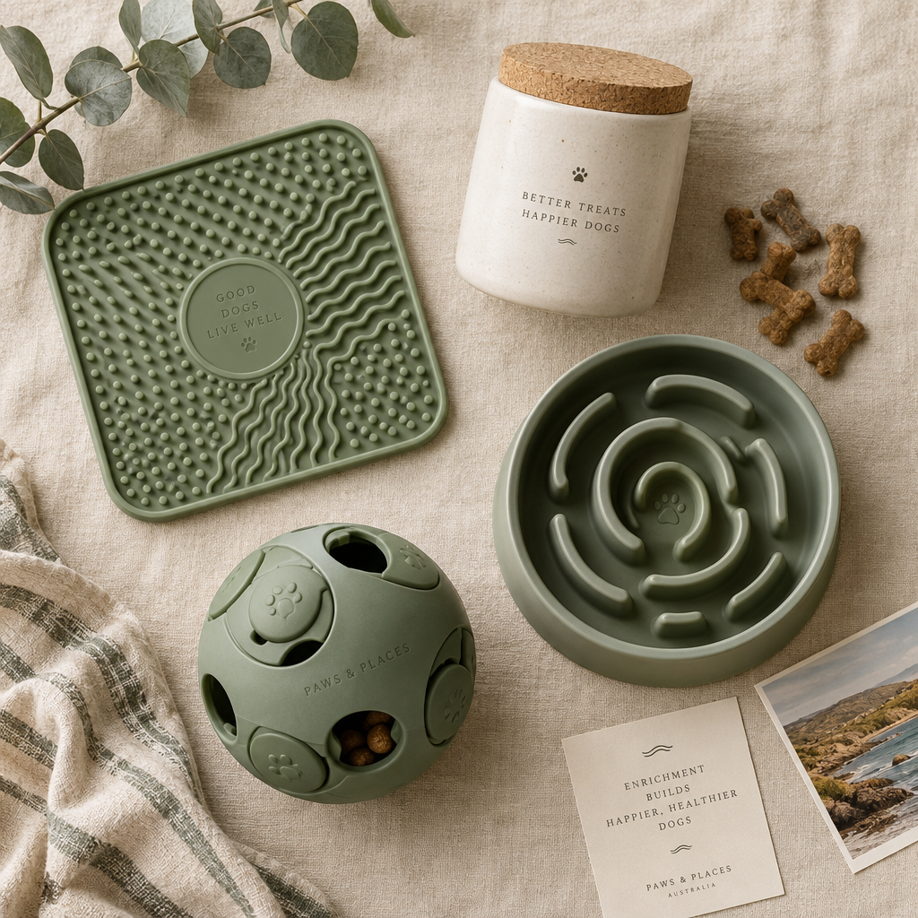 The Enrichment Box — dog enrichment products flat lay on cream linen