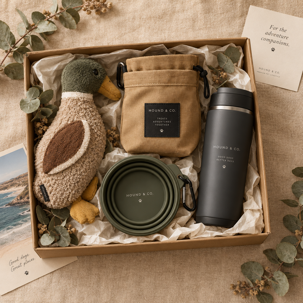 The Dog Lover Gift Box — premium dog gift flat lay on sand linen
