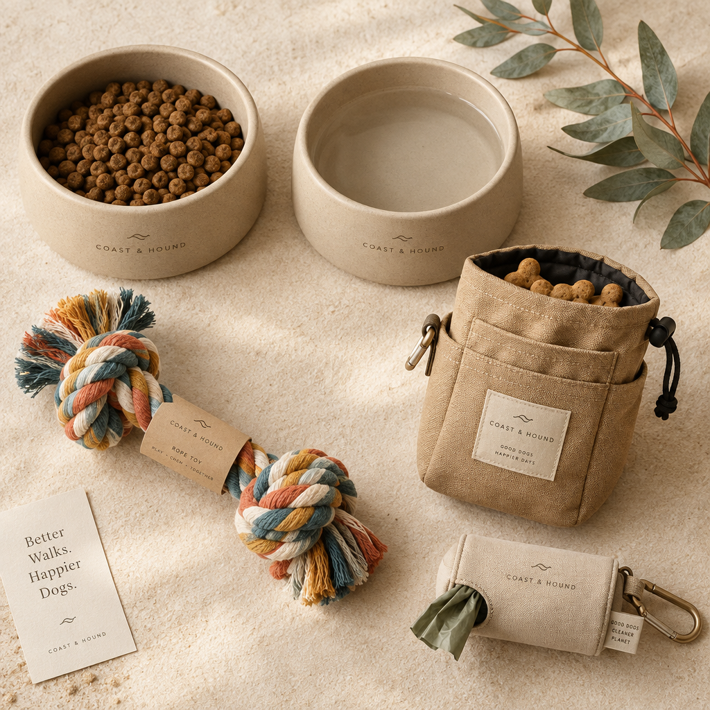 The New Dog Starter Kit — new dog essentials flat lay on cream surface