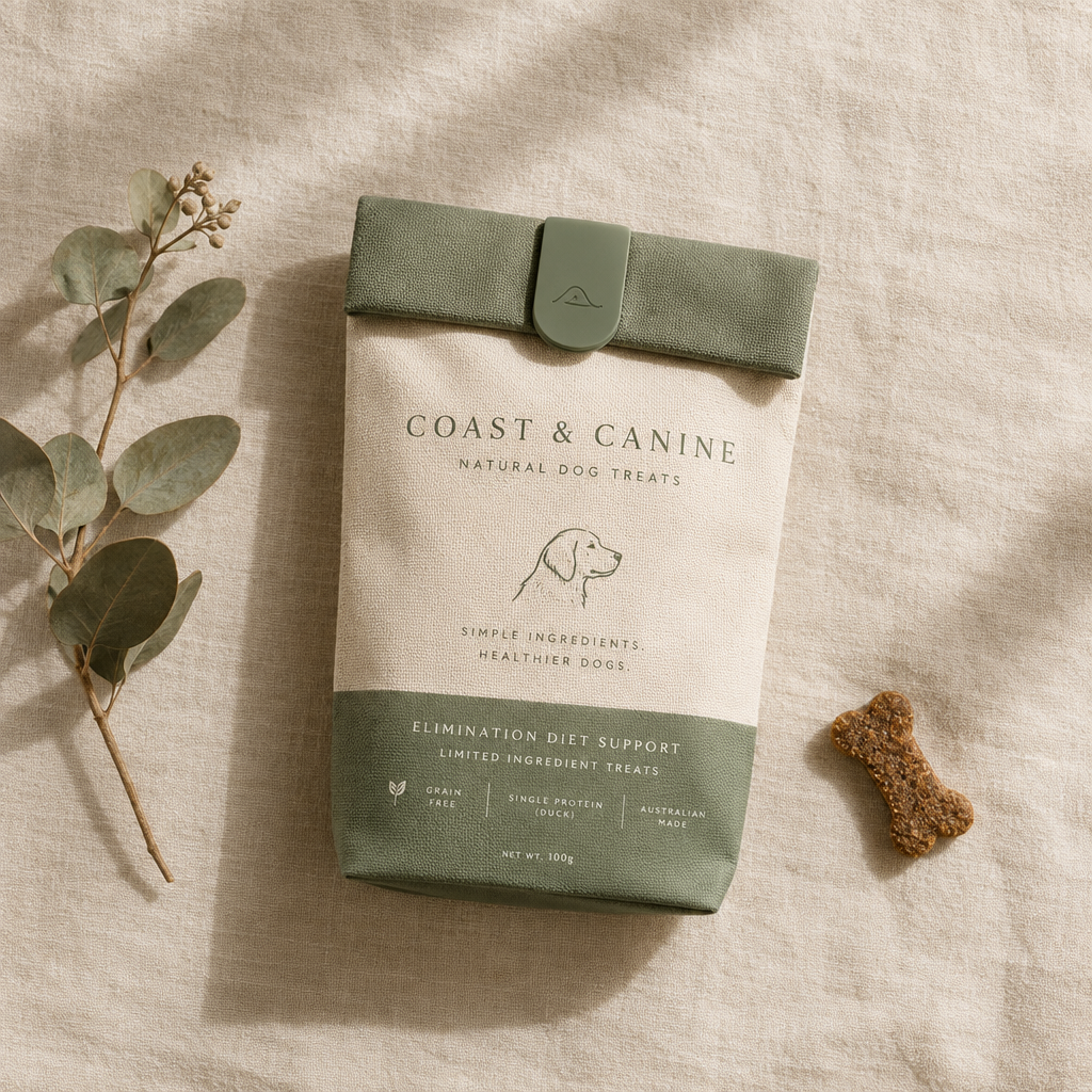 Limited Ingredient Treat Pouch — canvas and sage green dog treat pouch on cream linen