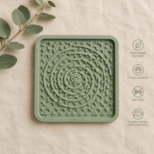 Hypoallergenic Slow-Feeder Mat — sage green silicone lick mat on cream linen