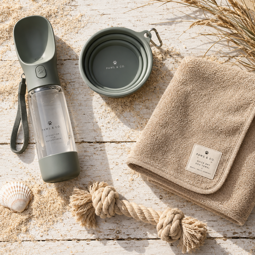 The Beach Day Kit — dog beach essentials flat lay on weathered timber