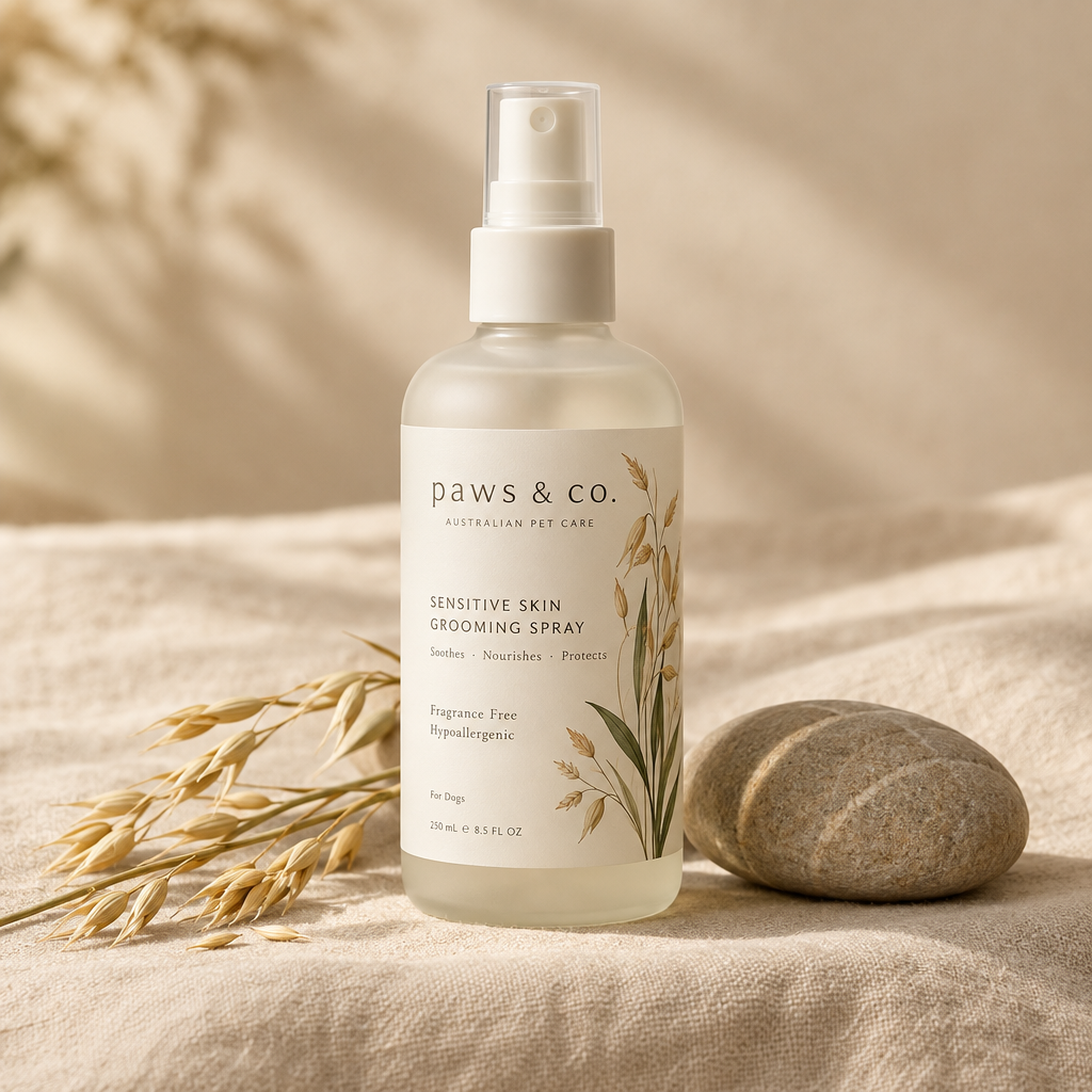 Sensitive Skin Grooming Spray — fragrance-free oat dog grooming spray on cream linen