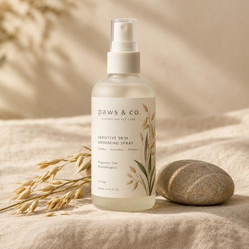 Sensitive Skin Grooming Spray — fragrance-free oat dog grooming spray on cream linen